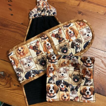 Dog breeds oven mitt matching set with bowl cosy and hanging towel