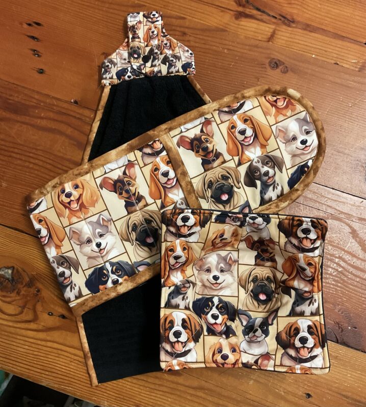 Dog breeds oven mitt matching set with bowl cosy and hanging towel