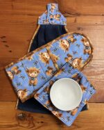 Highland cow oven mitt matching set with bowl cosy and hanging towel