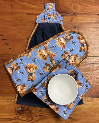 Highland cow oven mitt matching set with bowl cosy and hanging towel
